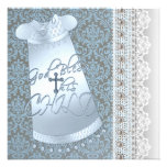 Blue Gown Brown Blue Damask Baby Boy Christening Personalized Invites