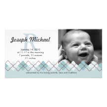 blue green argyle style pattern baby announcement custom photo card
