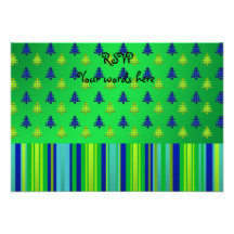 Blue green Christmas trees on blue stripes Personalized Announcements