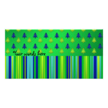 Blue green Christmas trees on blue stripes Customized Photo Card