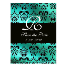 BLUE GREEN TURQUASE DAMASK CLOTH MONOGRAM , white Post Cards
