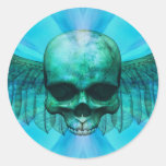 Blue Ice Winged Skul Round Sticker
