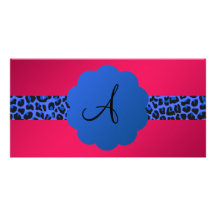 blue leopard pattern stripe monogram pink photo greeting card