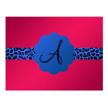 blue leopard pattern stripe monogram pink post cards