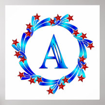Blue Letter A Monogram Red Stars Poster
