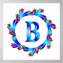 Blue Letter B Monogram Red Stars Poster