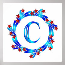 Blue Letter C Monogram Red Stars Posters