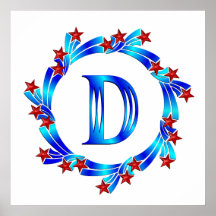 Blue Letter D Monogram Red Stars Posters