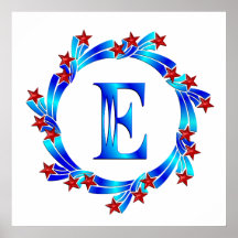 Blue Letter E Monogram Red Stars Poster