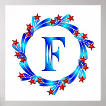 Blue Letter F Monogram Red Stars Print