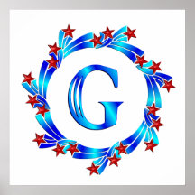 Blue Letter G Monogram Red Stars Poster