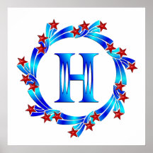 Blue Letter H Monogram Red Stars Print
