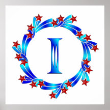 Blue Letter I Monogram Red Stars Posters