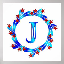 Blue Letter J Monogram Red Stars Posters
