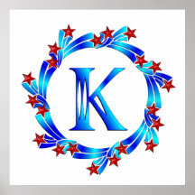 Blue Letter K Monogram Red Stars Poster