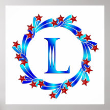 Blue Letter L Monogram Red Stars Poster