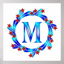 Blue Letter M Monogram Red Stars Print