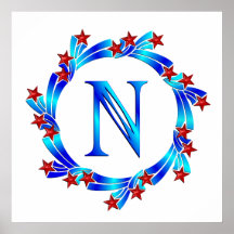 Blue Letter N Monogram Red Stars Poster