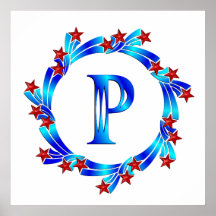 Blue Letter P Monogram Red Stars Poster
