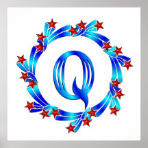 Blue Letter Q Monogram Red Stars Print