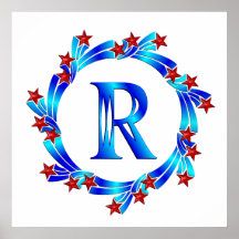 Blue Letter R Monogram Red Stars Print