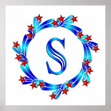 Blue Letter S Monogram Red Stars Print