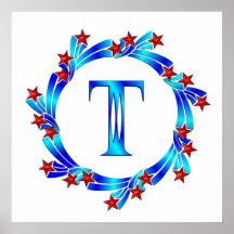 Blue Letter T Monogram Red Stars Print