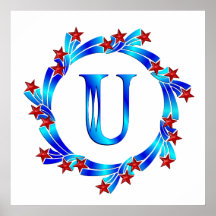 Blue Letter U Monogram Red Stars Poster