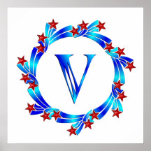 Blue Letter V Monogram Red Stars Posters