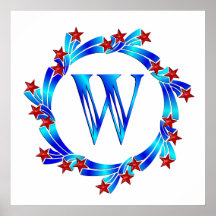 Blue Letter W Monogram Red Stars Print