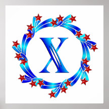 Blue Letter X Monogram Red Stars Poster