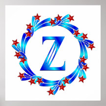 Blue Letter Z Monogram Red Stars Posters