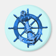 Blue Nautical Ships Wheel And Anchor Magnet
