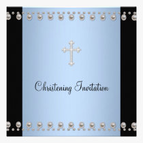 Blue Pearl Cross Black Blue Christening invitations