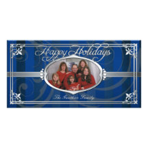 Blue Pinstriped Silver Faux Jewel Photo Cards