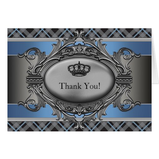 Blue Plaid Crown Little Prince Thank You Cards