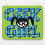 Blue Plaid Geek Girl with Graphic Mousemat