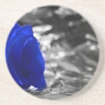 Blue Rose On Left Side Silver Background Beverage Coaster