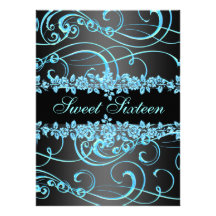 Blue Rose & Swirl Sweet16 Design Birthday Invite