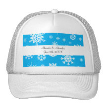 Blue snowflakes wedding favours trucker hats