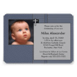 Blue Stripe Cross Boy Photo Christening Custom Invitations