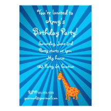 Blue sunburst giraffe birthday invitations