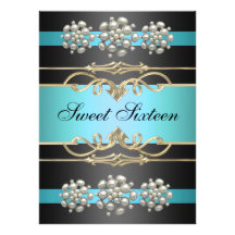Blue Sweet16 Elegant Pearl Birthday Invite