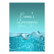 Blue Swirl & Bow Image Quinceanera Birthday Invite