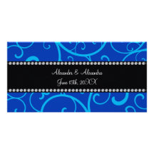 Blue swirls wedding favors personalized photo card