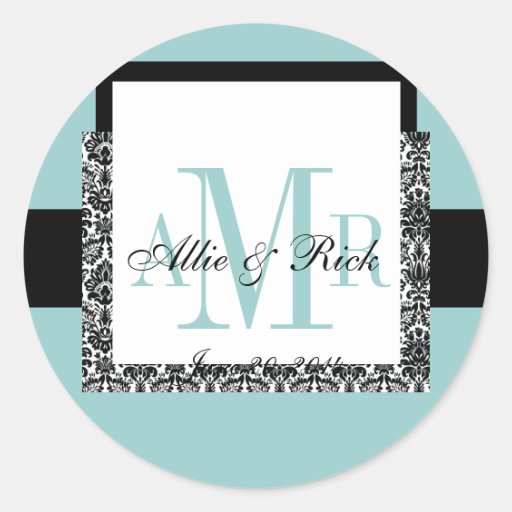 Blue Wedding Monogram Names Damask Stickers