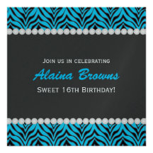 Blue Zebra & Pearl Birthday Invitation