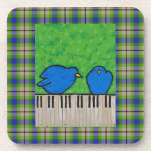 bluebirds on piano on plaid coaster