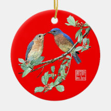 Bluebirds-red bg ornaments