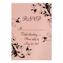 Blush Pink Black Swirls Pearl Wedding RSVP Card Personalized Announcements